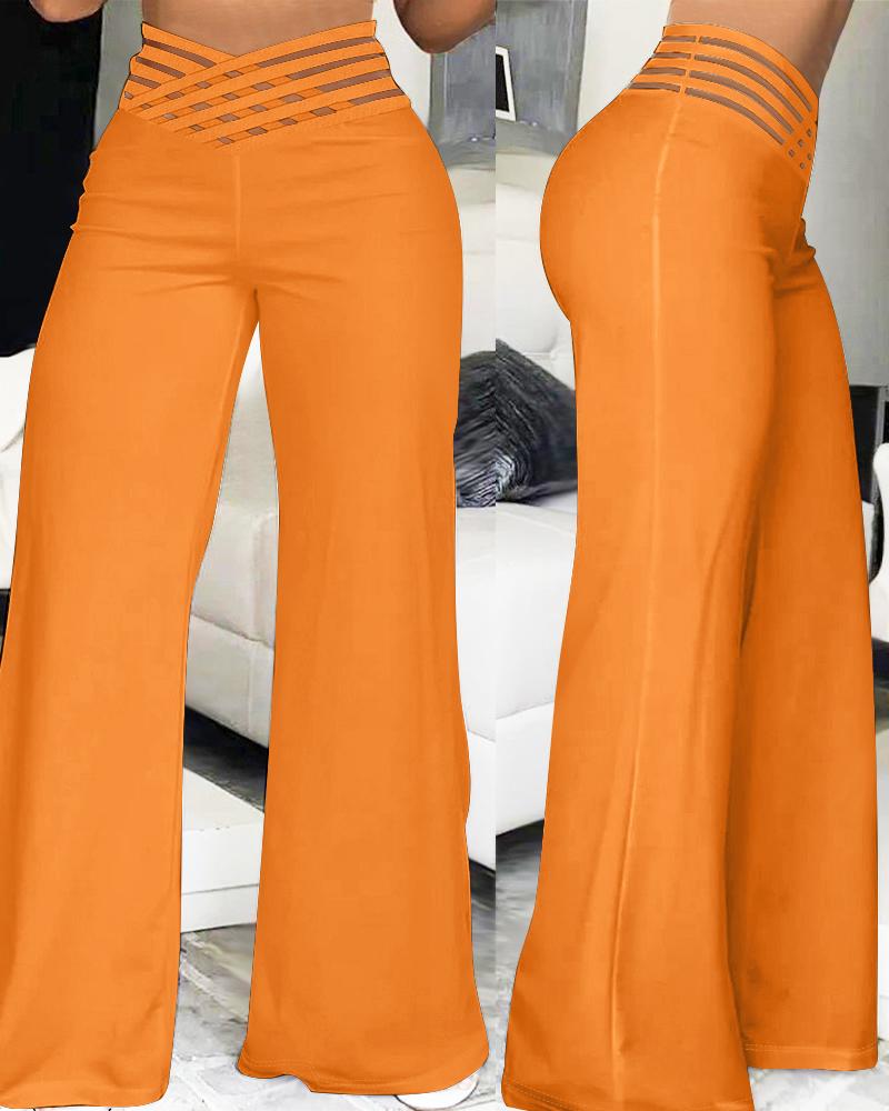 

Pantalon taille haute avec empiècement en maille transparente entrecroisée, Orange