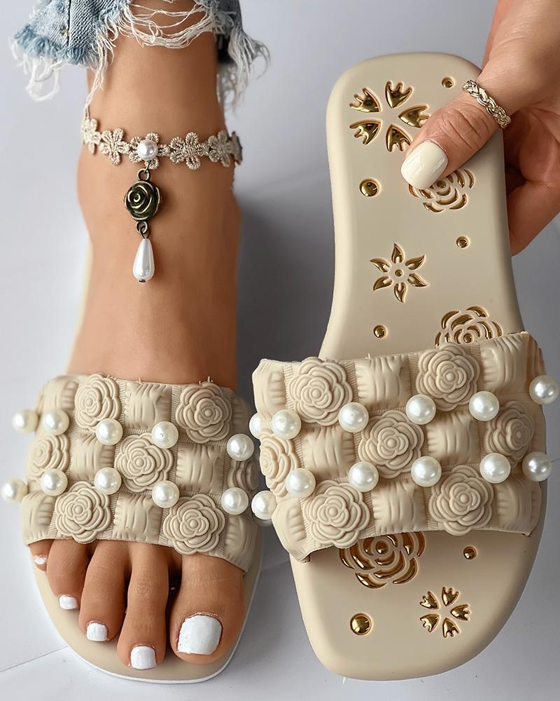 

Floral Pattern Pearls Decor Slippers, Apricot