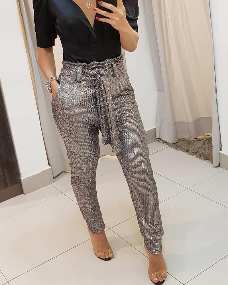 

Sequined Wrap Waist Long Trousers, Silver