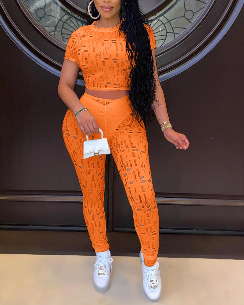 

Cutout Short Sleeve Top & High Waist Pants Set, Orange