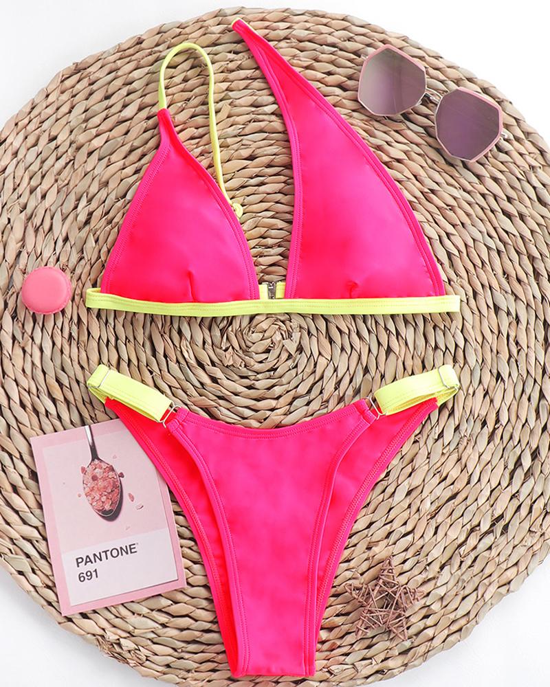 

Contrast Binding Cutout Buckled Bikini Set, Hot pink