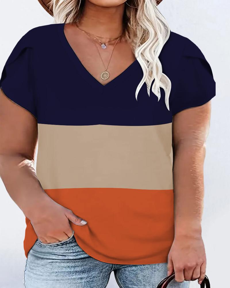 

Plus Size Colorblock Petal Sleeve V-Neck T-Shirt, Orange