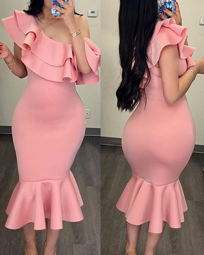 

Skew Neck Layered Ruffles Mermaid Party Dress, Pink