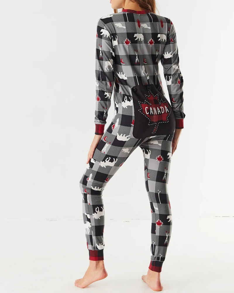 

Christmas Plaid Print Functional Buttoned Flap Adult Onesie, Gray