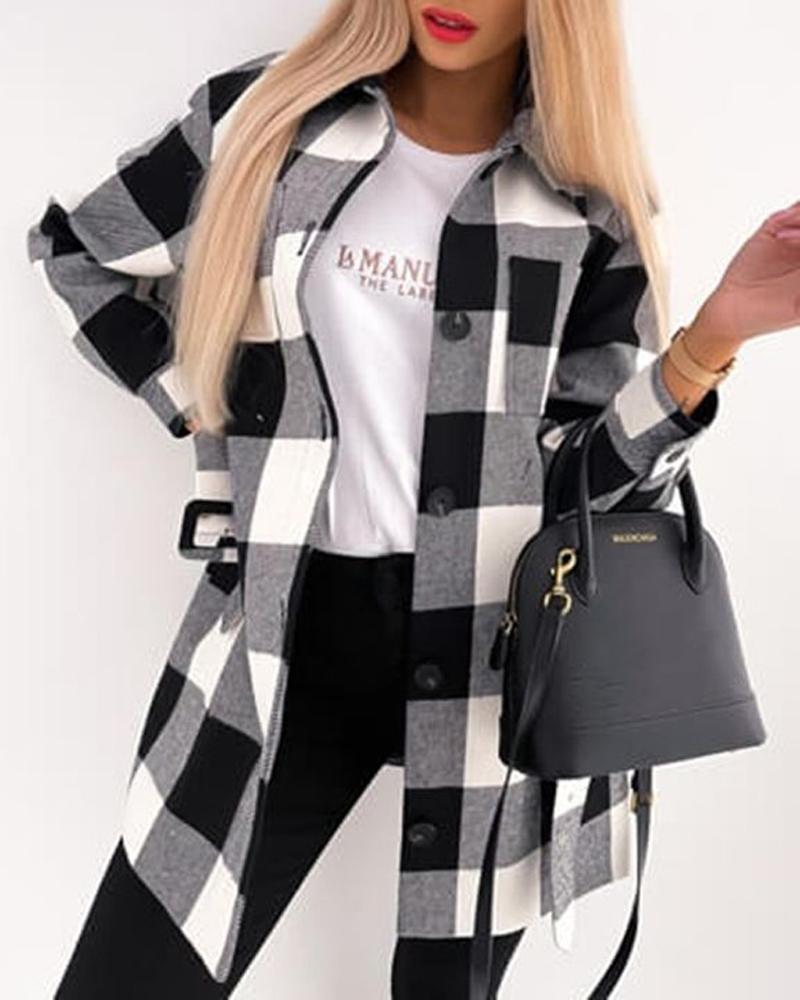 

Gingham Print Button Down Belted Shacket, Black