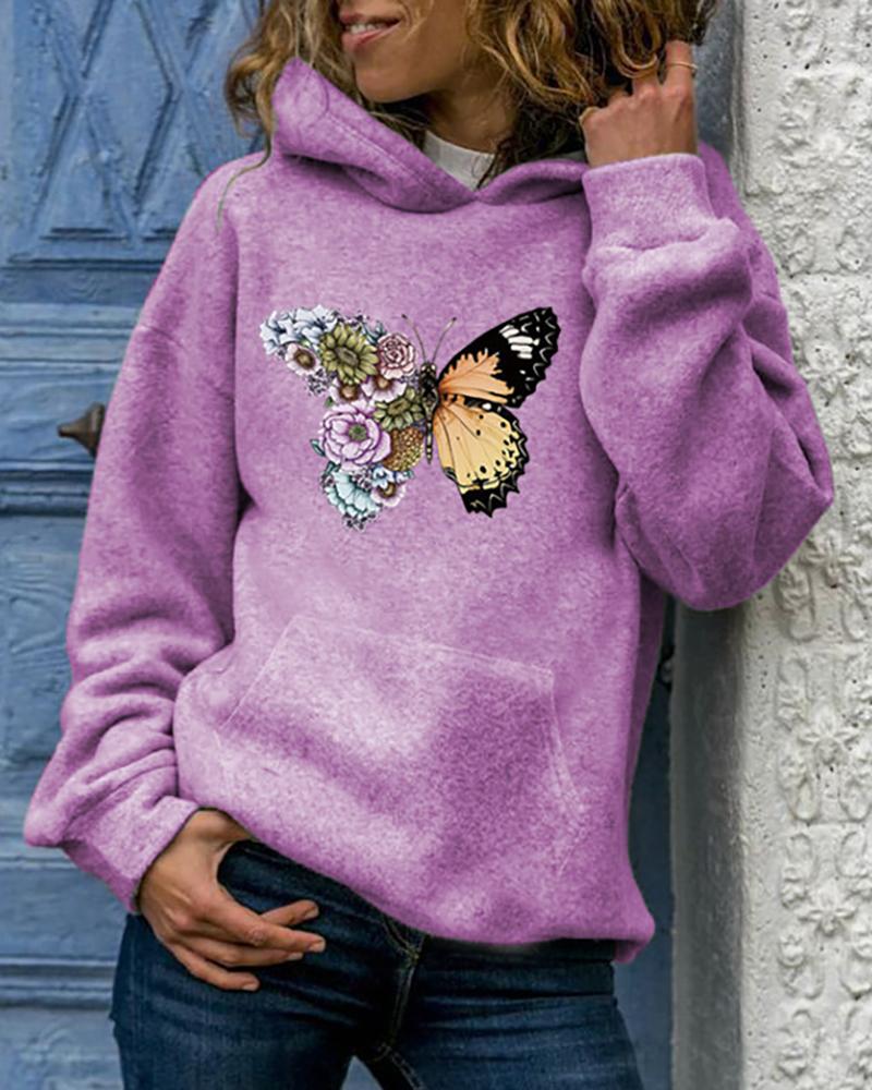 

Butterfly Print Pocket Design Hooded Top, Purple