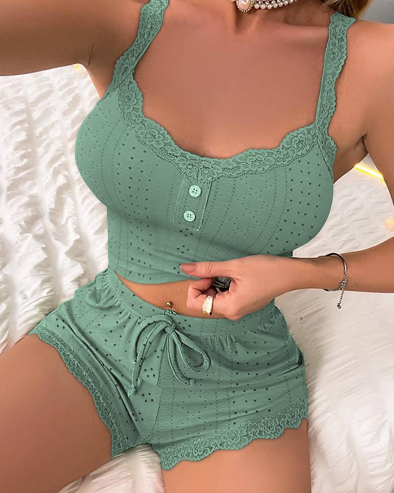 

Eyelet Embroidery Lace Trim Drawstring Cami Set, Green