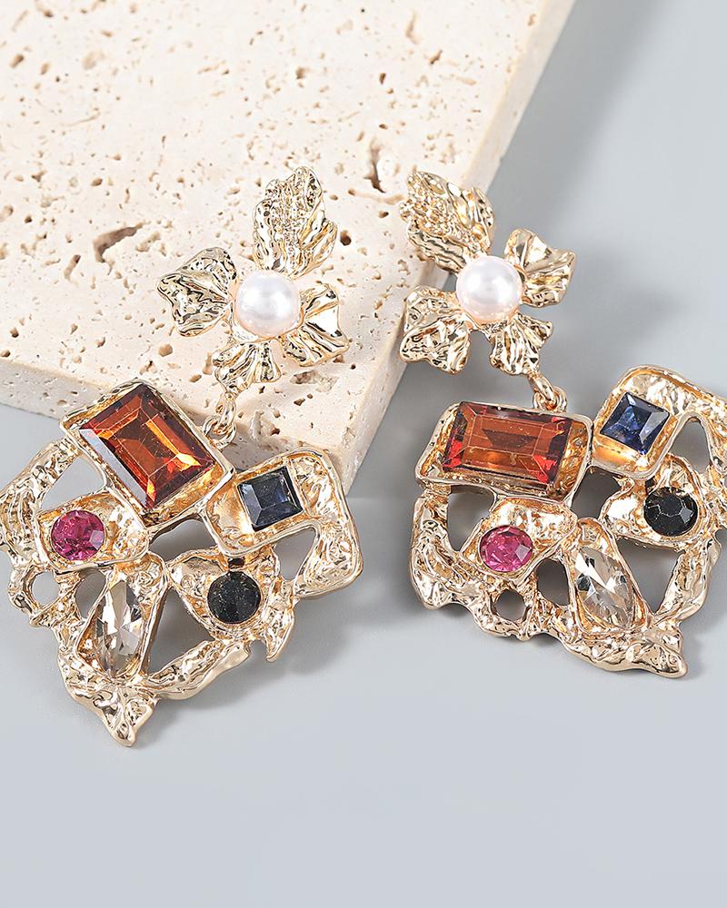 

1Pair Colorful Rhinestone Floral Pattern Beaded Drop Earrings, Multicolor