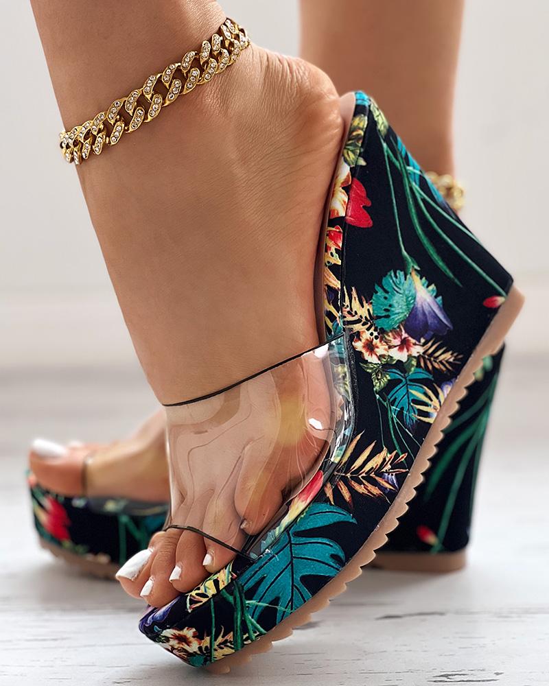 

Peep Toe Floral Print Wedges Sandals, Green