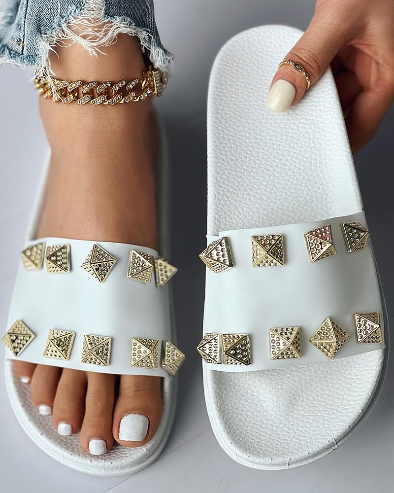

Geometric Studded Casual Slippers, White