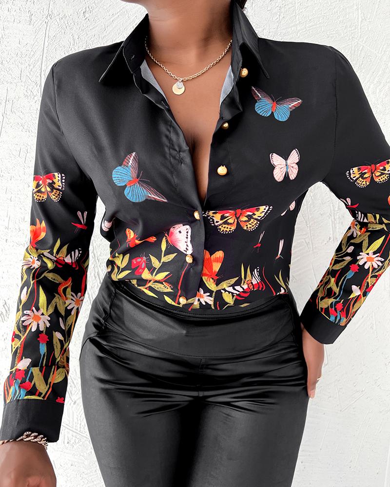 

Buttoned Long Sleeve Butterfly Print Shirt, Black