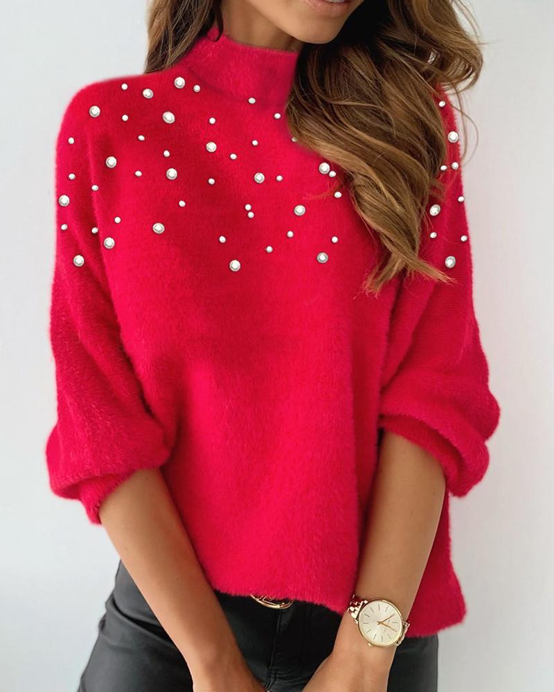 

Beaded High Neck Fluffy Sweater, Red