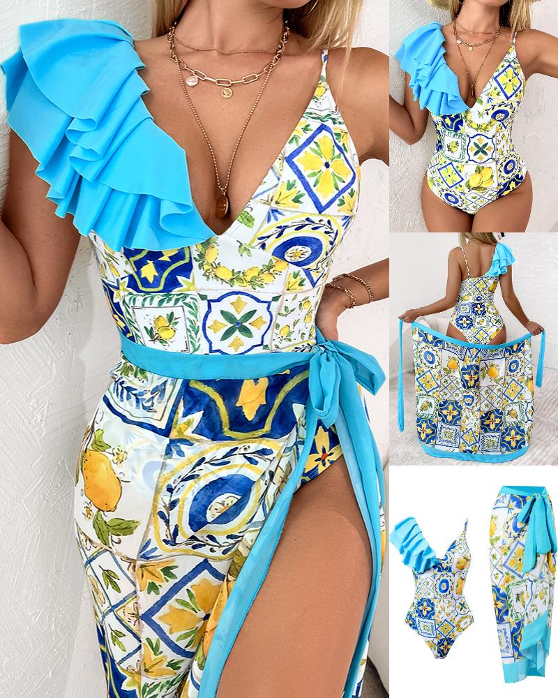 Scarf Print Ruffle Hem One-Piece Swimsuit With Cover Up