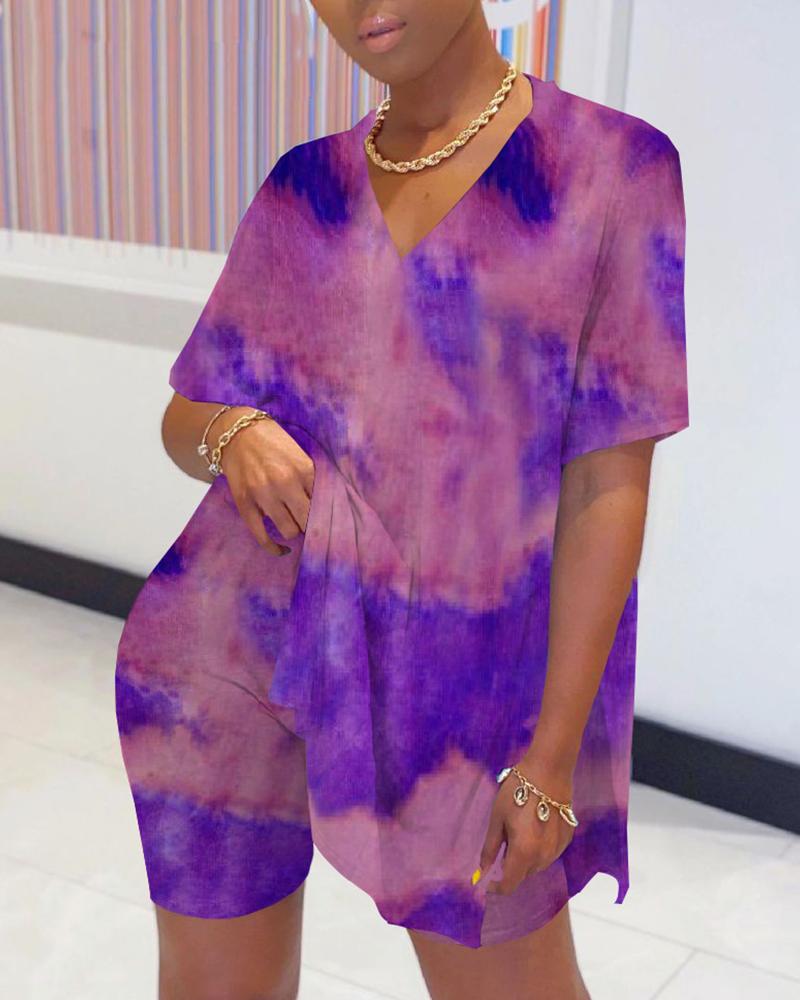 

Tie Dye Print Slit Top & Short Sets, Purple