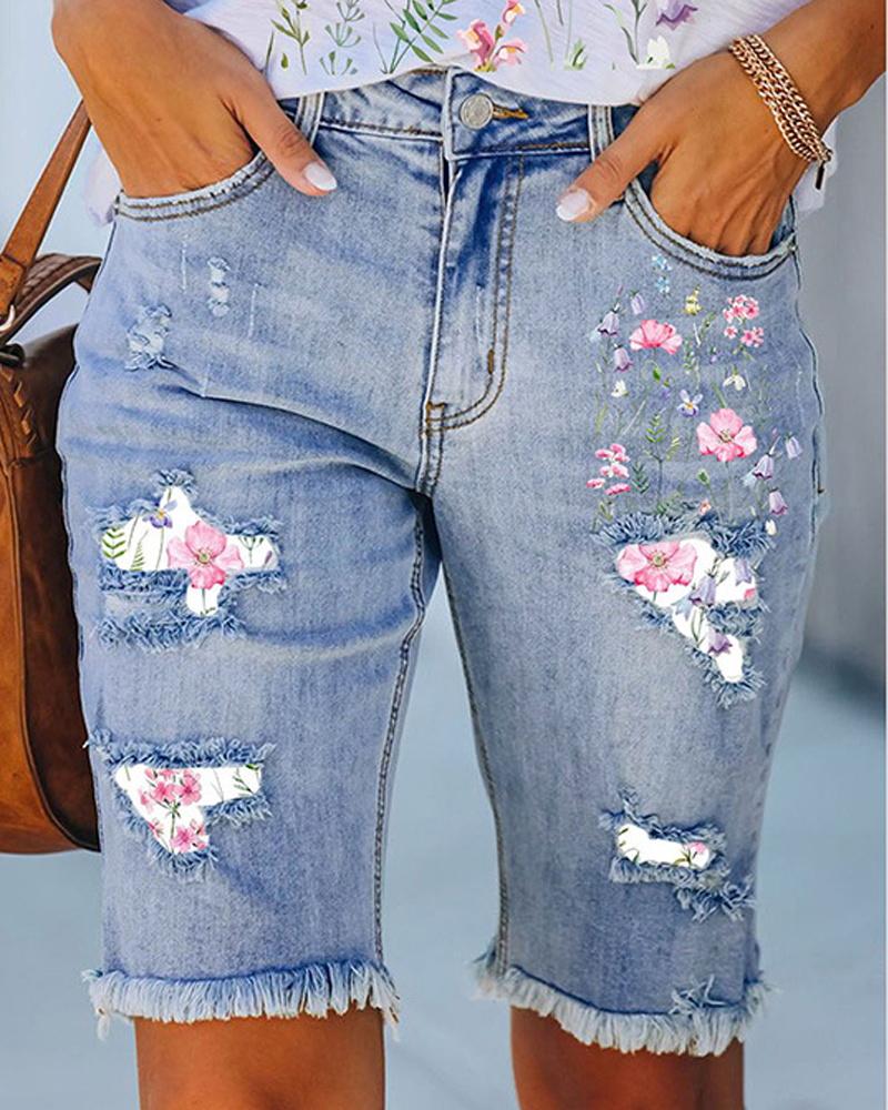 

Floral Print Ripped Raw Hem Denim Bermuda Shorts, Blue