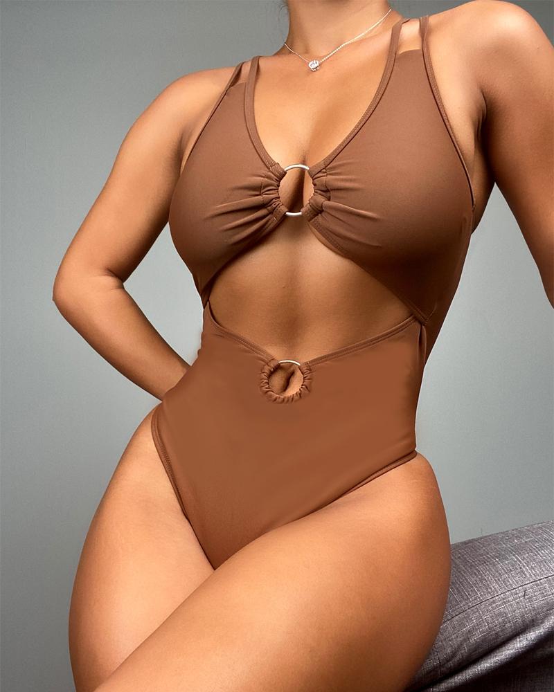 

O-Ring Cutout Crisscross Backless One-Piece Swimsuit, Brown