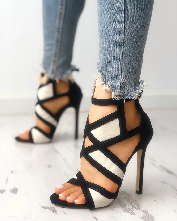 

Colorblock Cutout Buckled Suede Stiletto Heels, Apricot