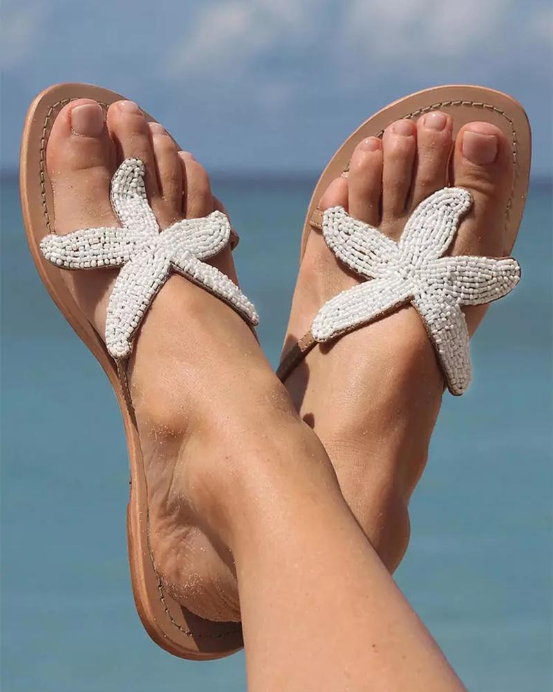 

Toe Post Starfish Pattern Beaded Slippers, White