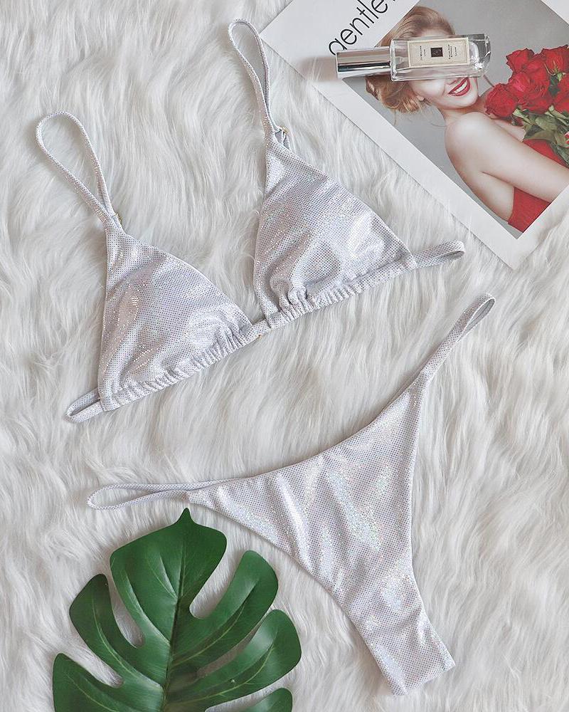 

Halter Backless Rhinestone Decor Bikini Set, Silver