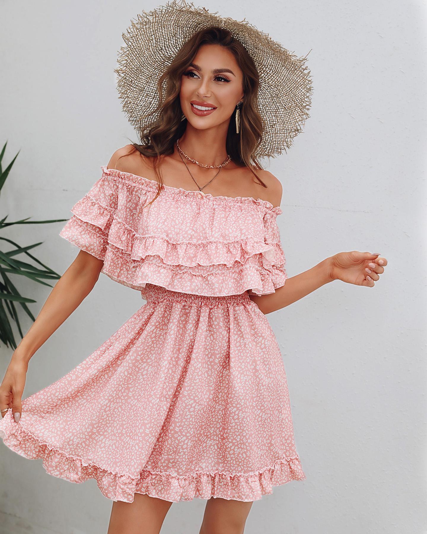 

Solid Short Sleeve Ruffles Loose A-line Dress, Pink