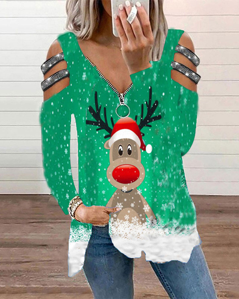 

Christmas Print Rhinestone Cold Shoulder Zip Front Top, Green
