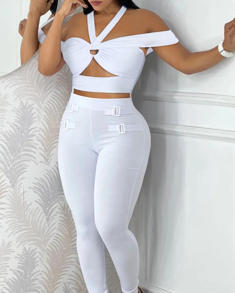 

Asymmetrical Neck O-Ring Cutout Jumpsuit, White