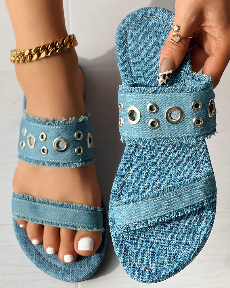 

Raw Hem Eyelet Double Strap Slippers, Blue