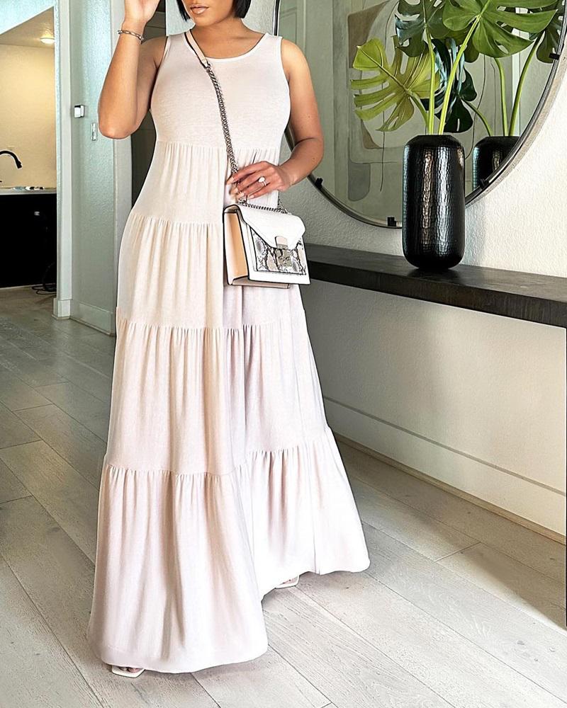 

Ruched Round Neck Maxi Smock Dress, Apricot