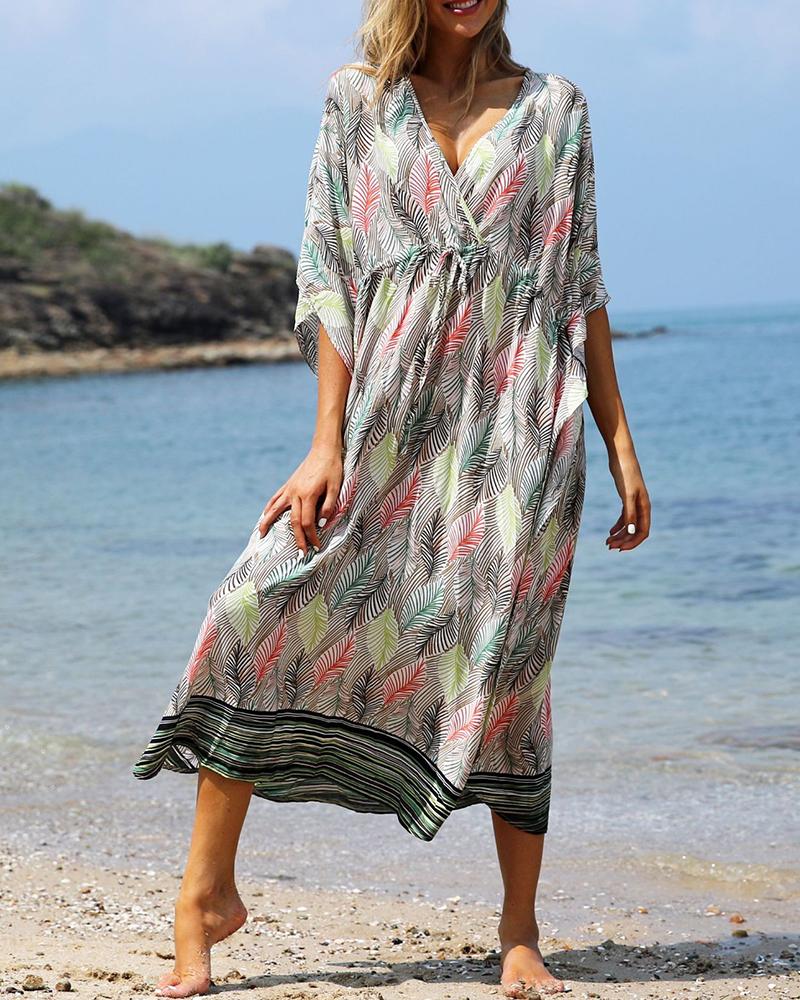 

All Over Print V Neck Short Sleeve Maxi Cover Up, White