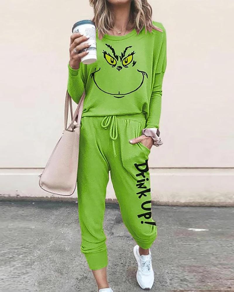 

Christmas Cartoon Print Top & Drawstring Letter Print Pants Set, Green