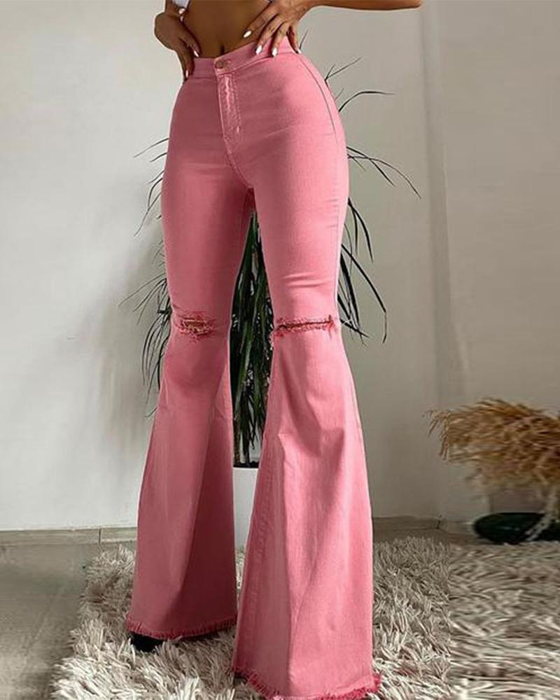 

Zipper Fly High Waist Stretch Ripped Raw Hem Flare Leg Skinny Jeans, Pink