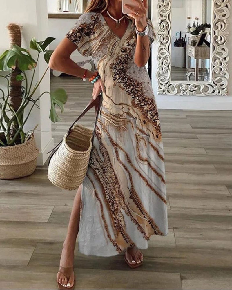 

Vintage Allover Print Split Hem Casual Dress, Gray