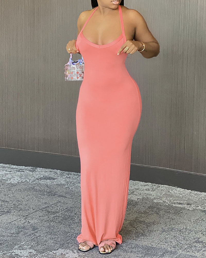 

Halter Plain Sleeveless Maxi Dress, Pink