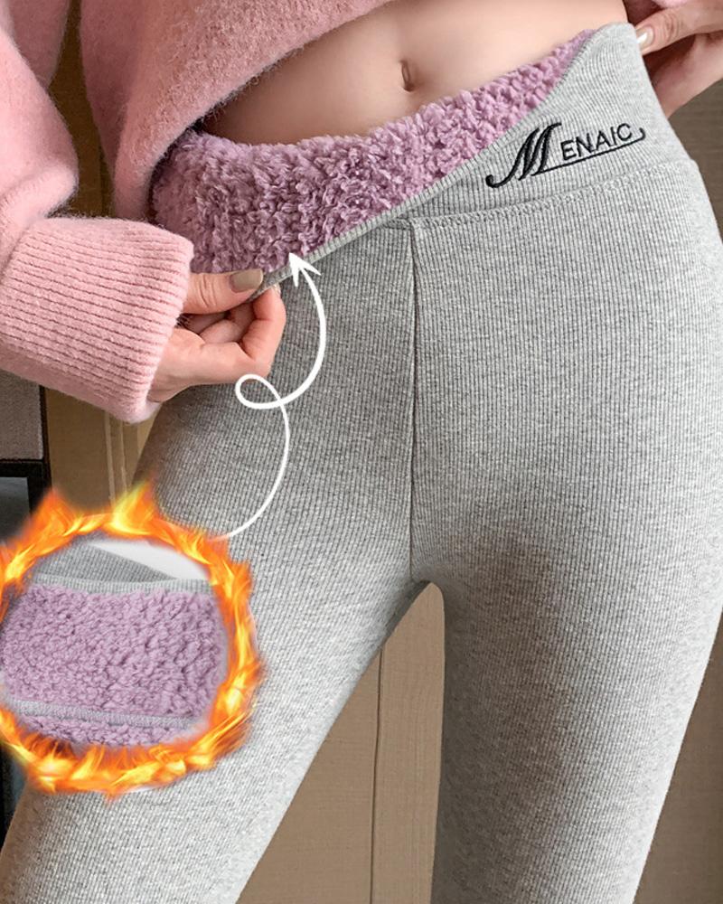 

Embroidery Letter High Waist Thermal Warm Fleece Lined Leggings, Light gray