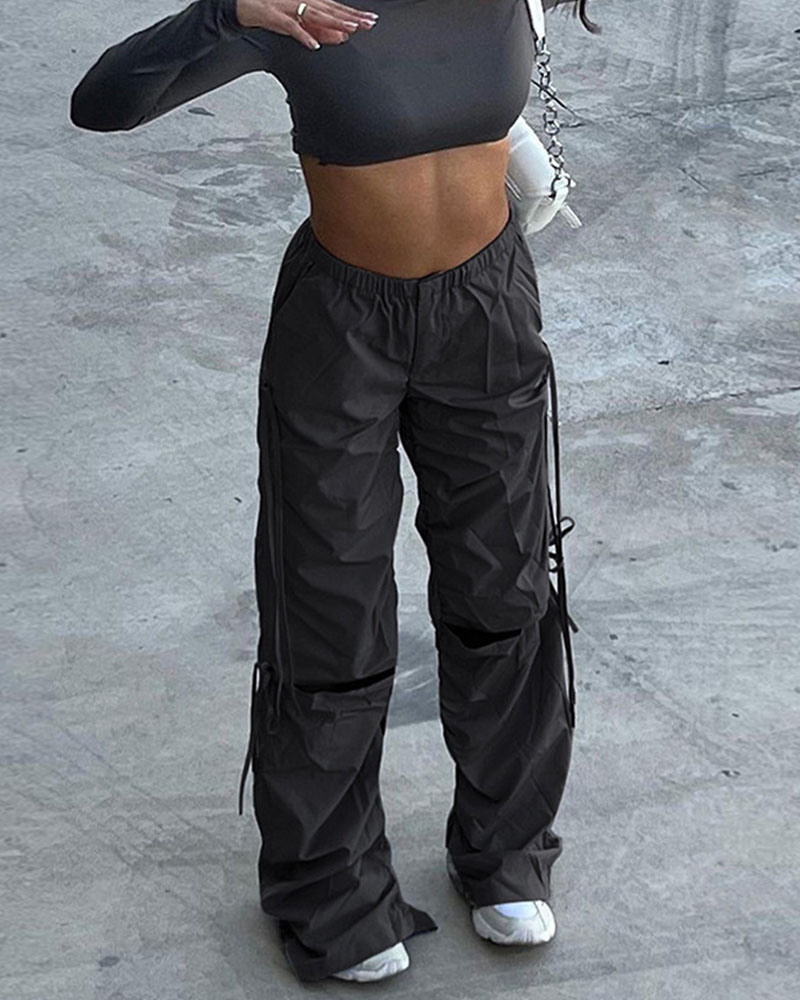 

Cutout Drawstring Design Cargo Pants, Black