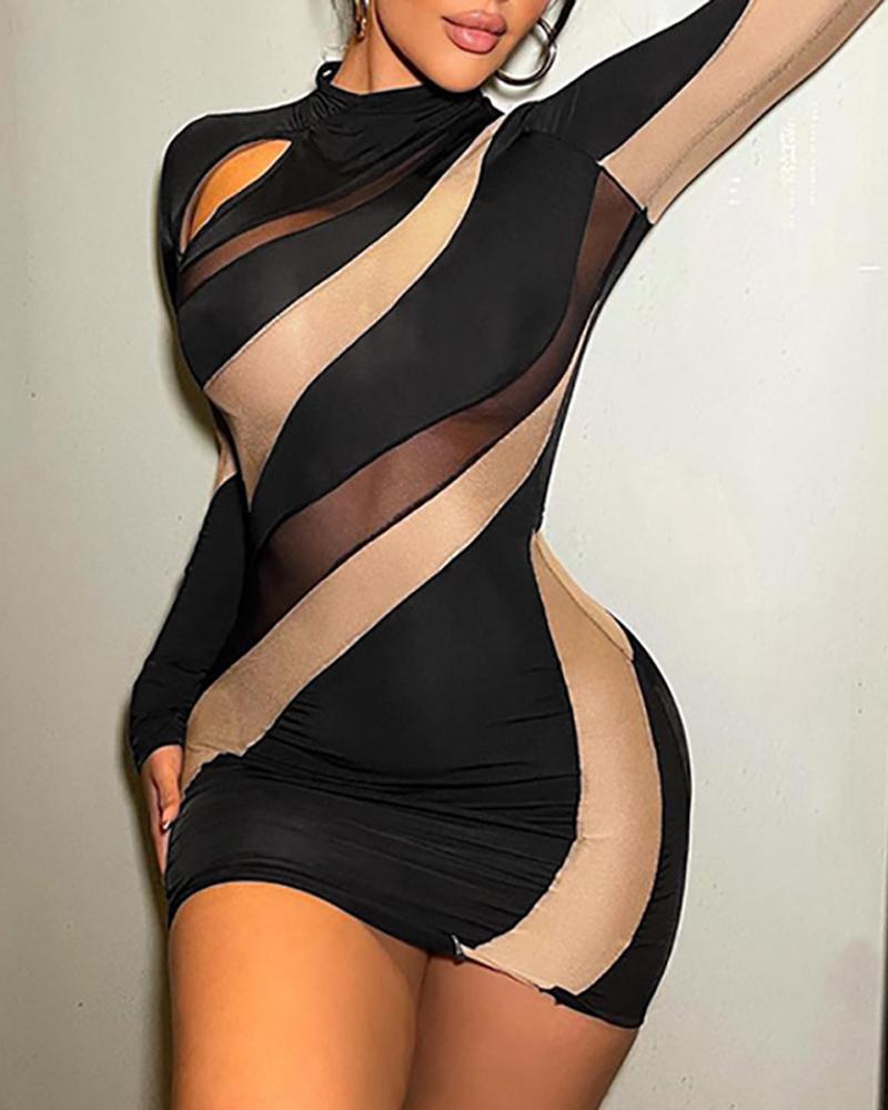 

Abstract Print Sheer Mesh Patch Party Dress, Black