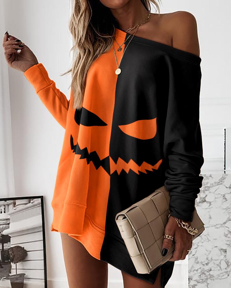 

Halloween Graphic Print Colorblock Sweatshirt, Orange
