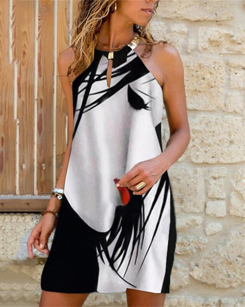 

Spaghetti Strap Figure Print Casual Dress, Black
