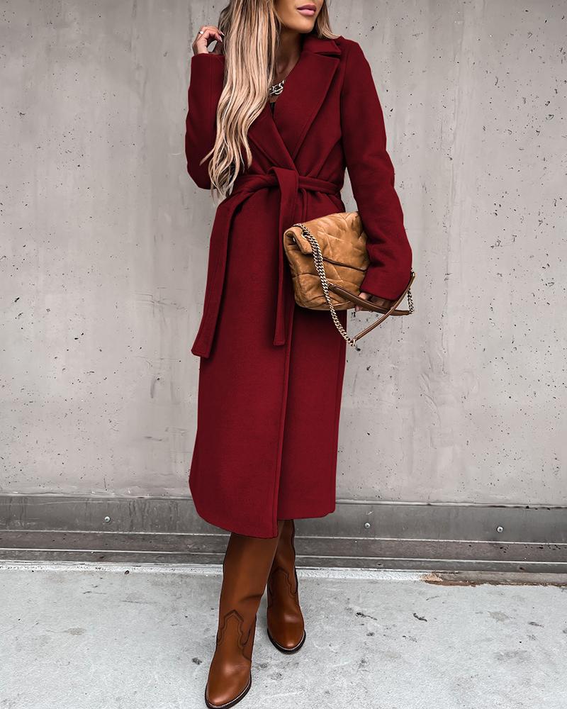 

Notched Collar Slit Overcoat With Belt, Dark red