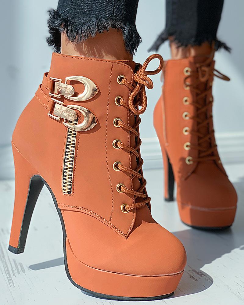 Buckle Zip Eyelet Lace-up Heeled Boots