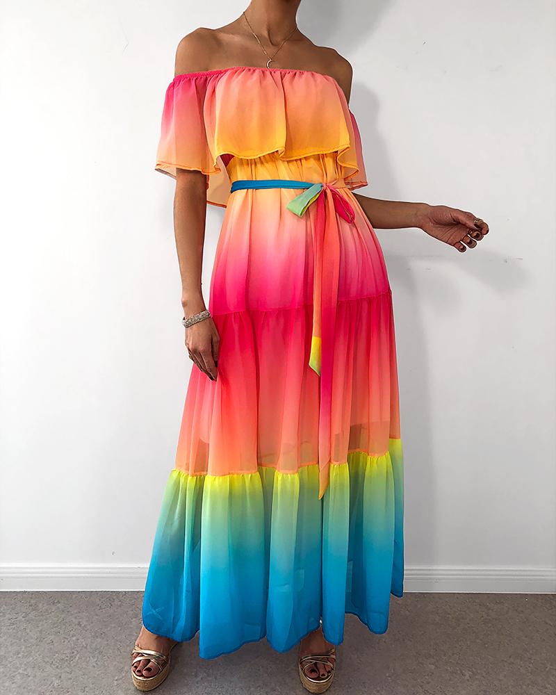 

Off Shoulder Ombre Ruffles Maxi Dress, Multicolor