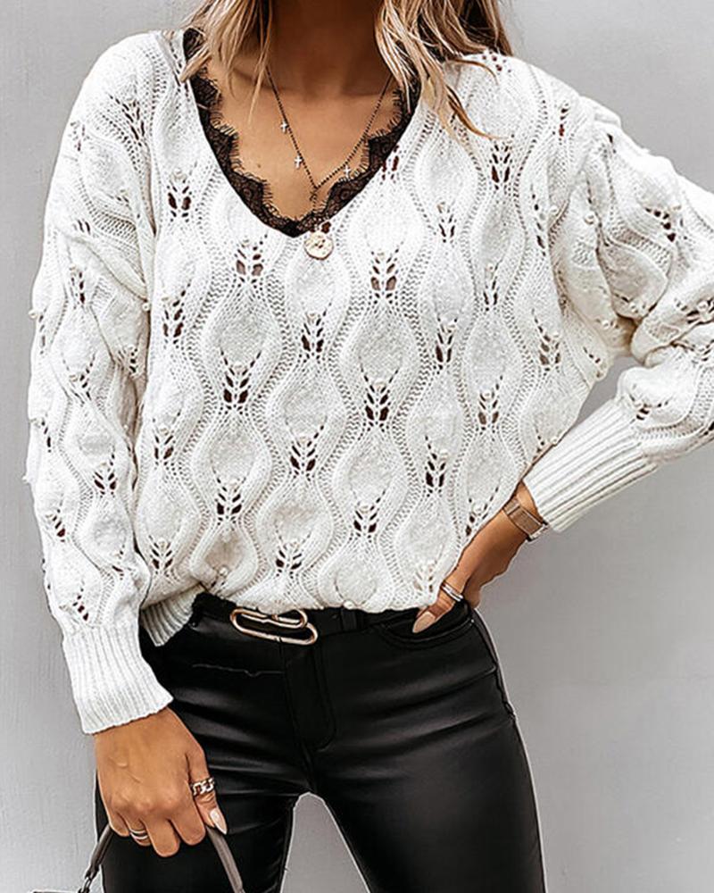 

Contrast Lace V-Neck Hollow-out Sweater, White