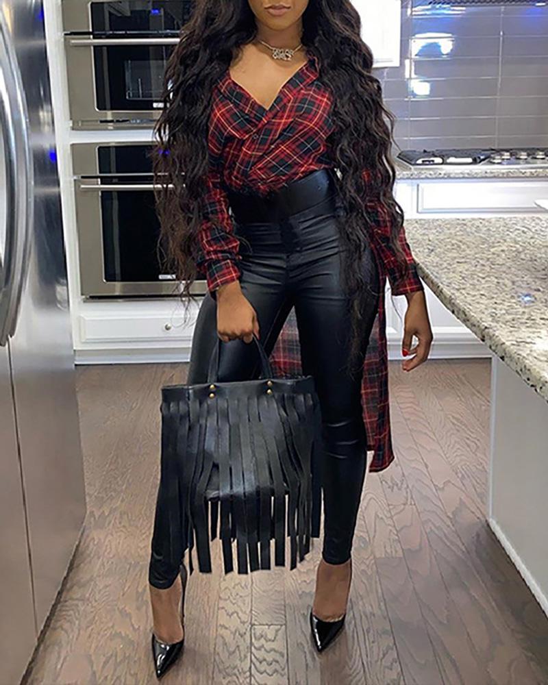 

Plaid Print Casual Shirt & PU Leather Pants Set, Red