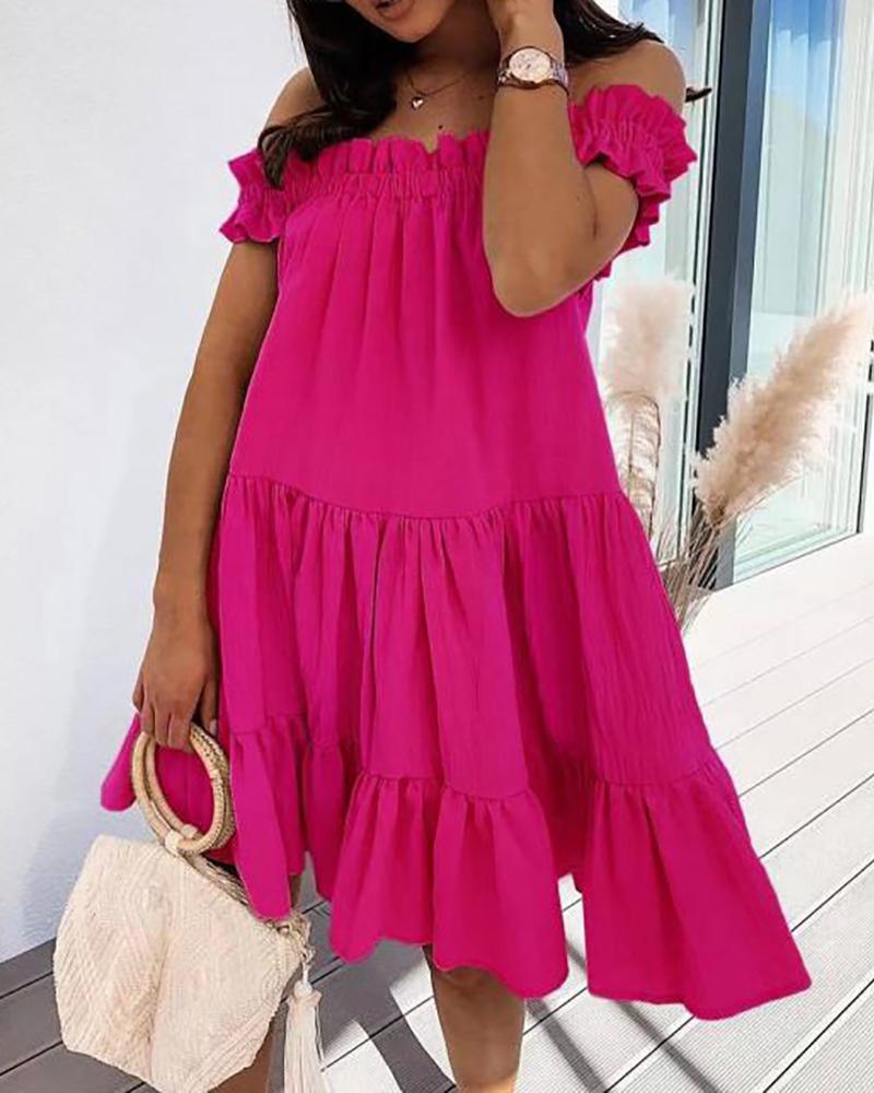 

Off Shoulder Frill Hem Plain Ruched Dress, Hot pink