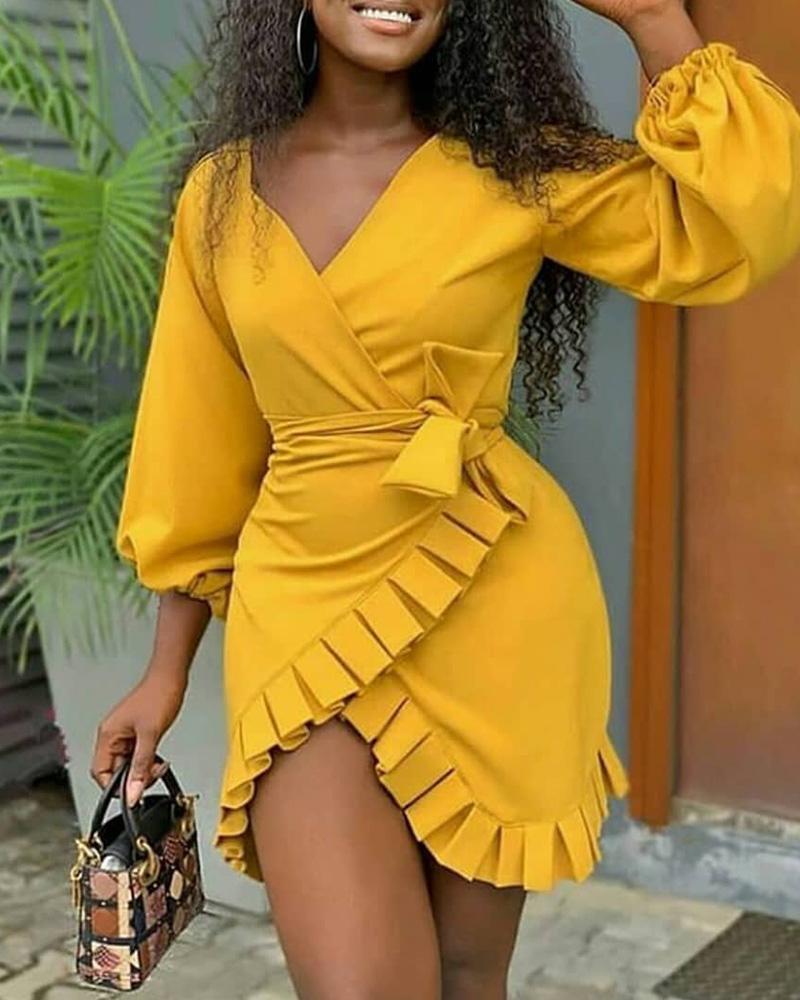 

Long Sleeve Wrap Plain Pleated Women Dress, Yellow