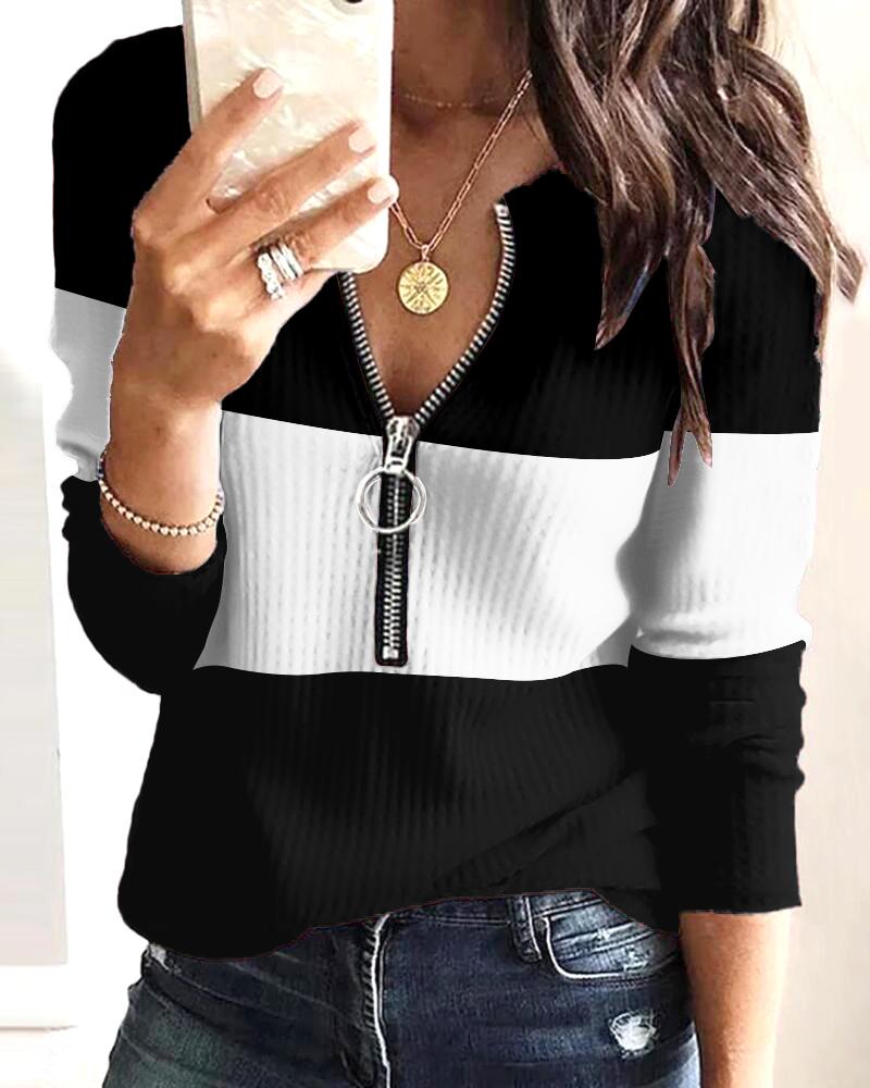 

Colorblock Zipper Front Long Sleeve Top, Blackwhite