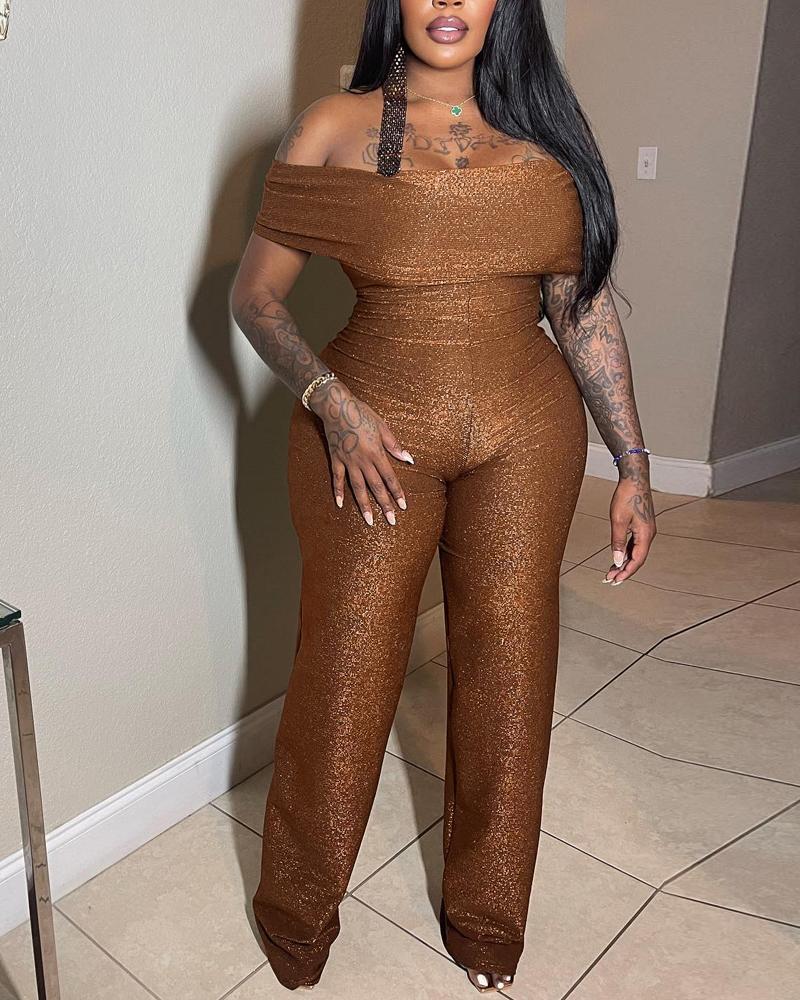 

Glitter Foldover Off Shoulder Jumpsuit, Brown