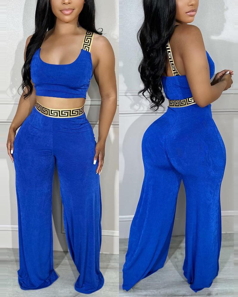 

Geo Print Patchwork Backless Top & Wide Leg Pants Set, Blue