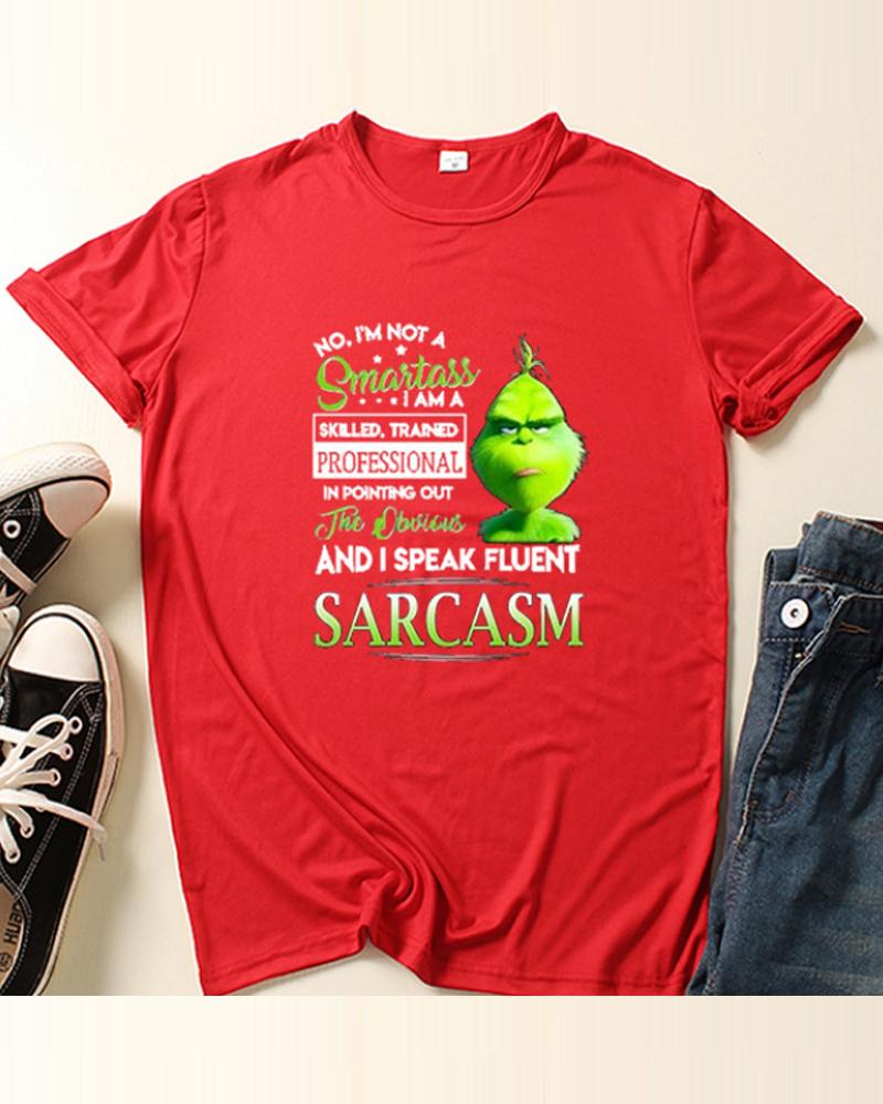 

Christmas Letter Grinch Print T-shirt, Red
