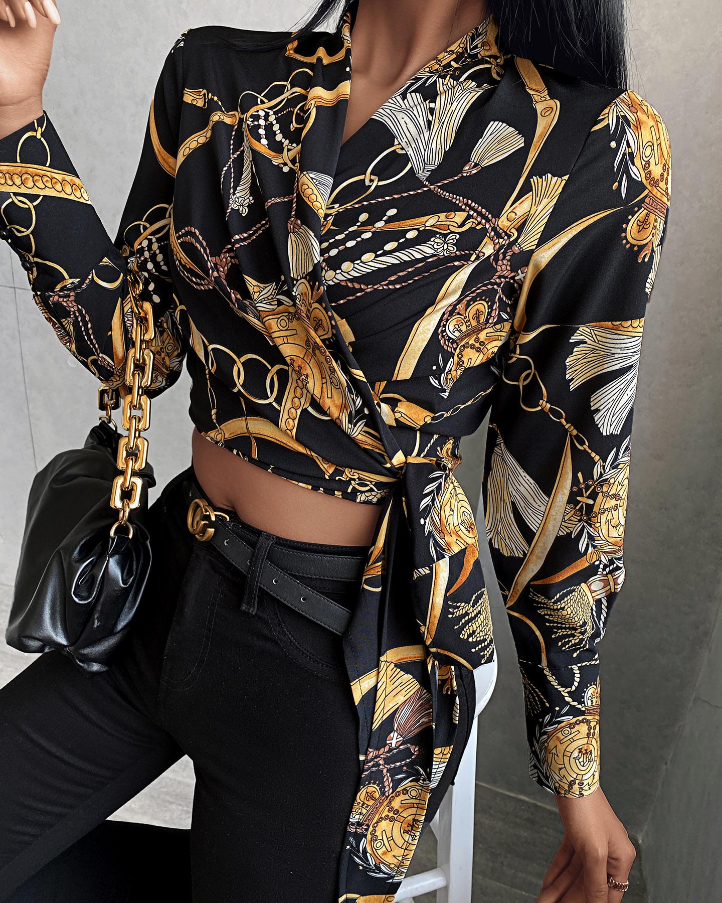 

Scarf Chain Print Tie Front Wrap Crop Top, Black